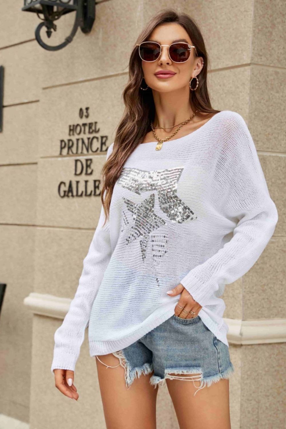 Sequin Graphic Dolman Sleeve Knit Top -  Nueva Moda Boutique By Giselly 