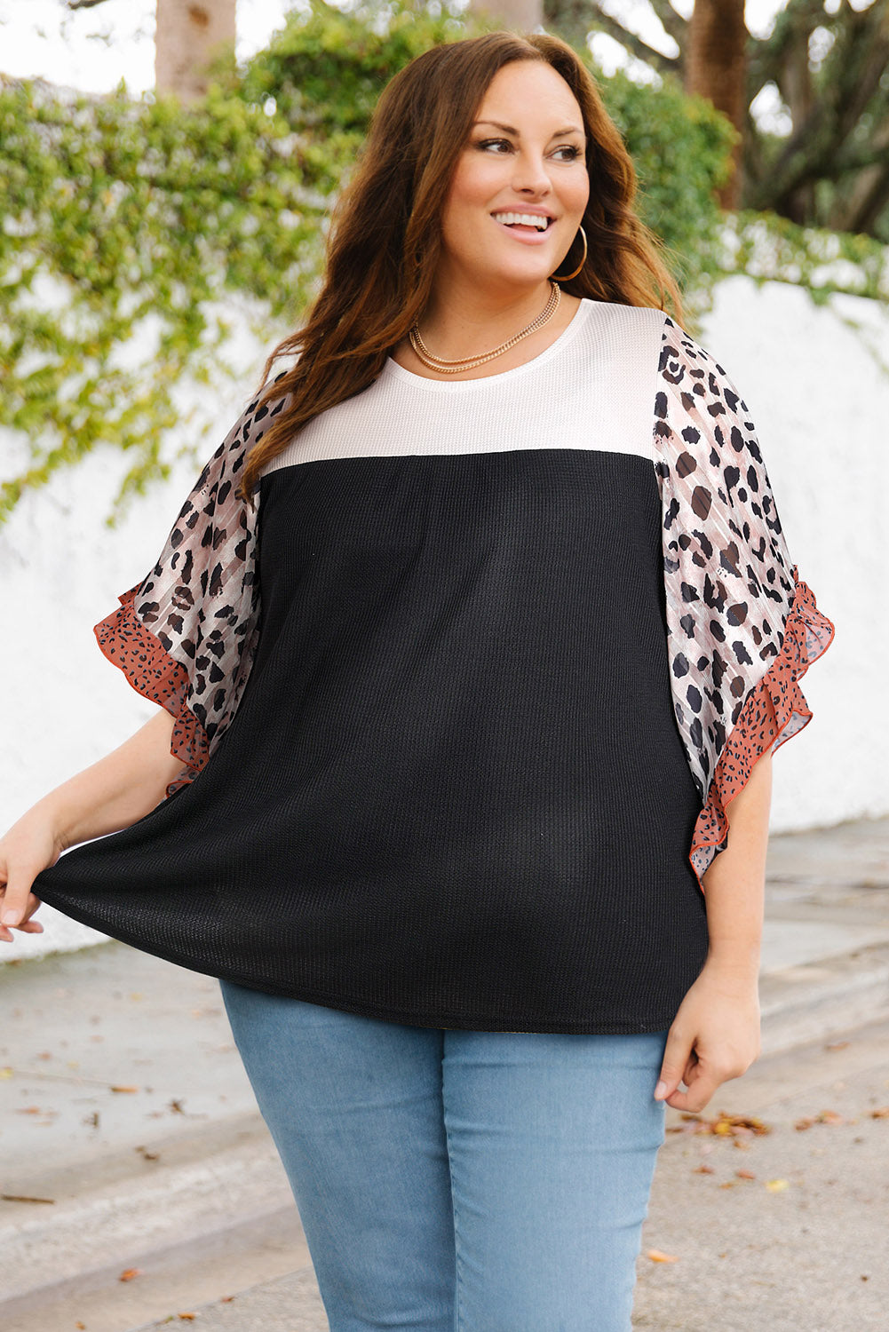 Plus Size Printed Color Block Ruffled Blouse -  Nueva Moda Boutique By Giselly 