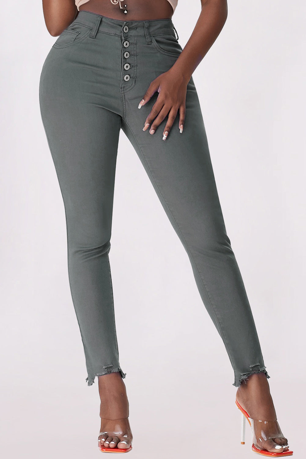 Button Fly Hem Detail Skinny Jeans -  Nueva Moda Boutique By Giselly 