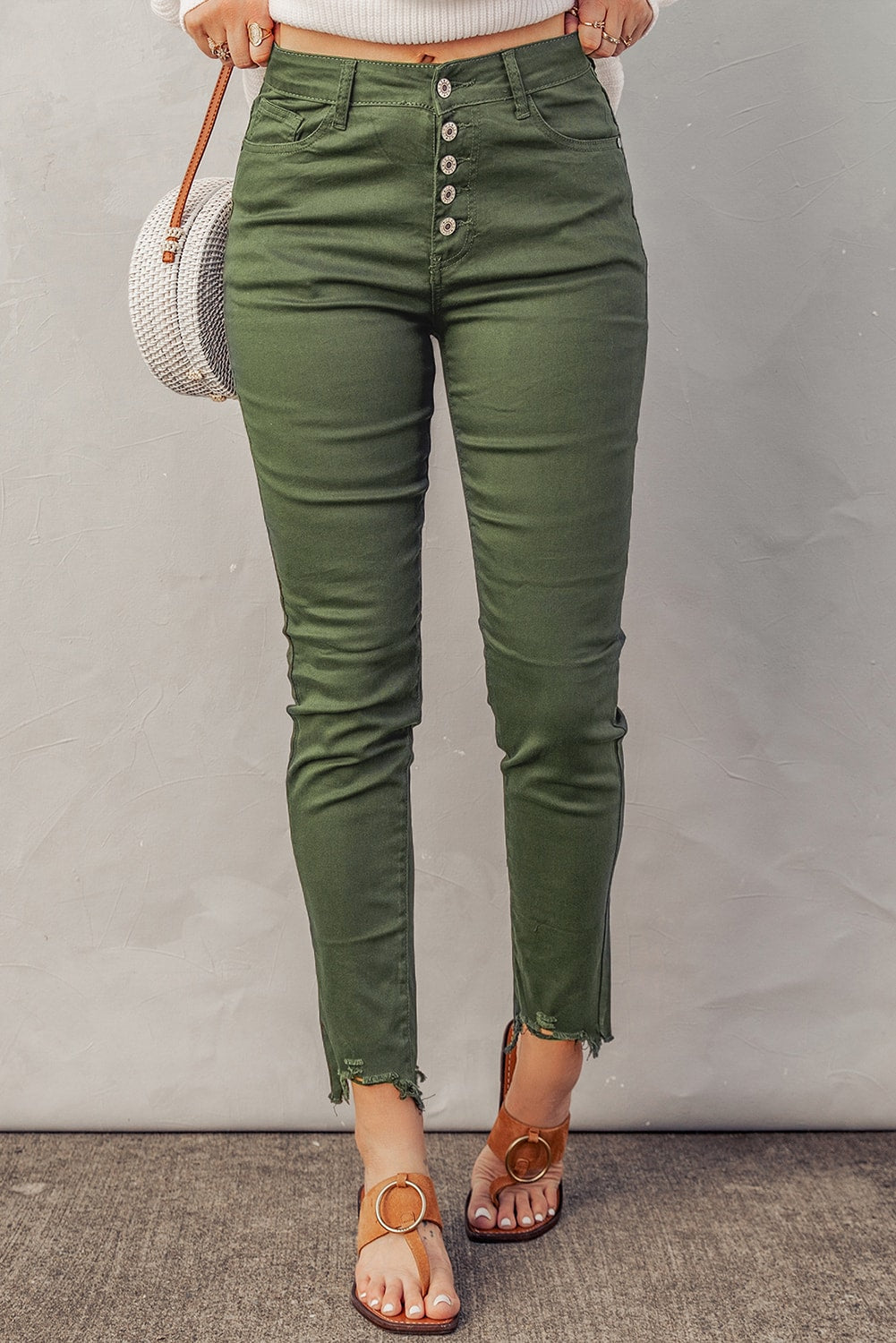 Button Fly Hem Detail Skinny Jeans -  Nueva Moda Boutique By Giselly 