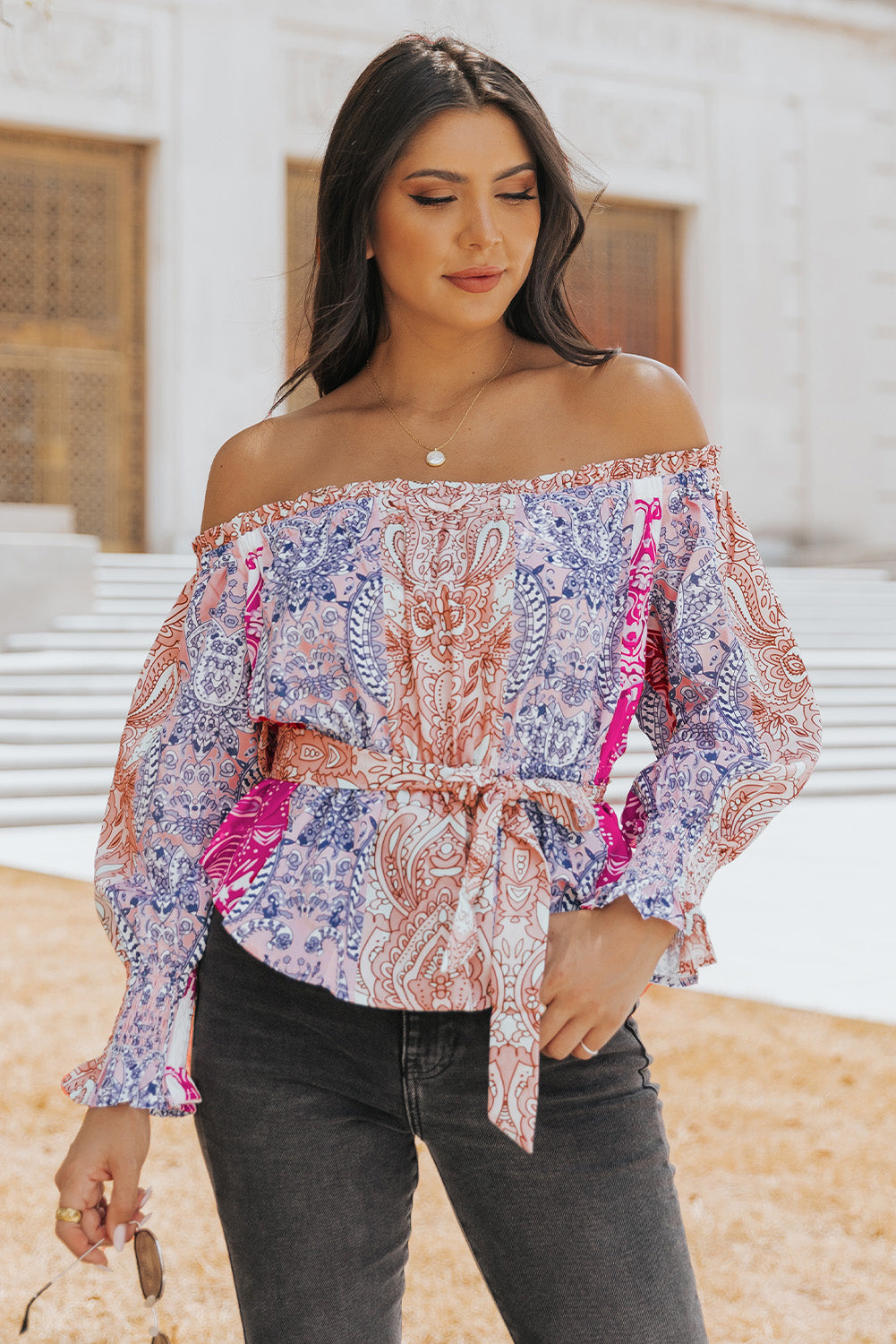 Printed Off-Shoulder Flounce Sleeve Belted Blouse -  Nueva Moda Boutique By Giselly 