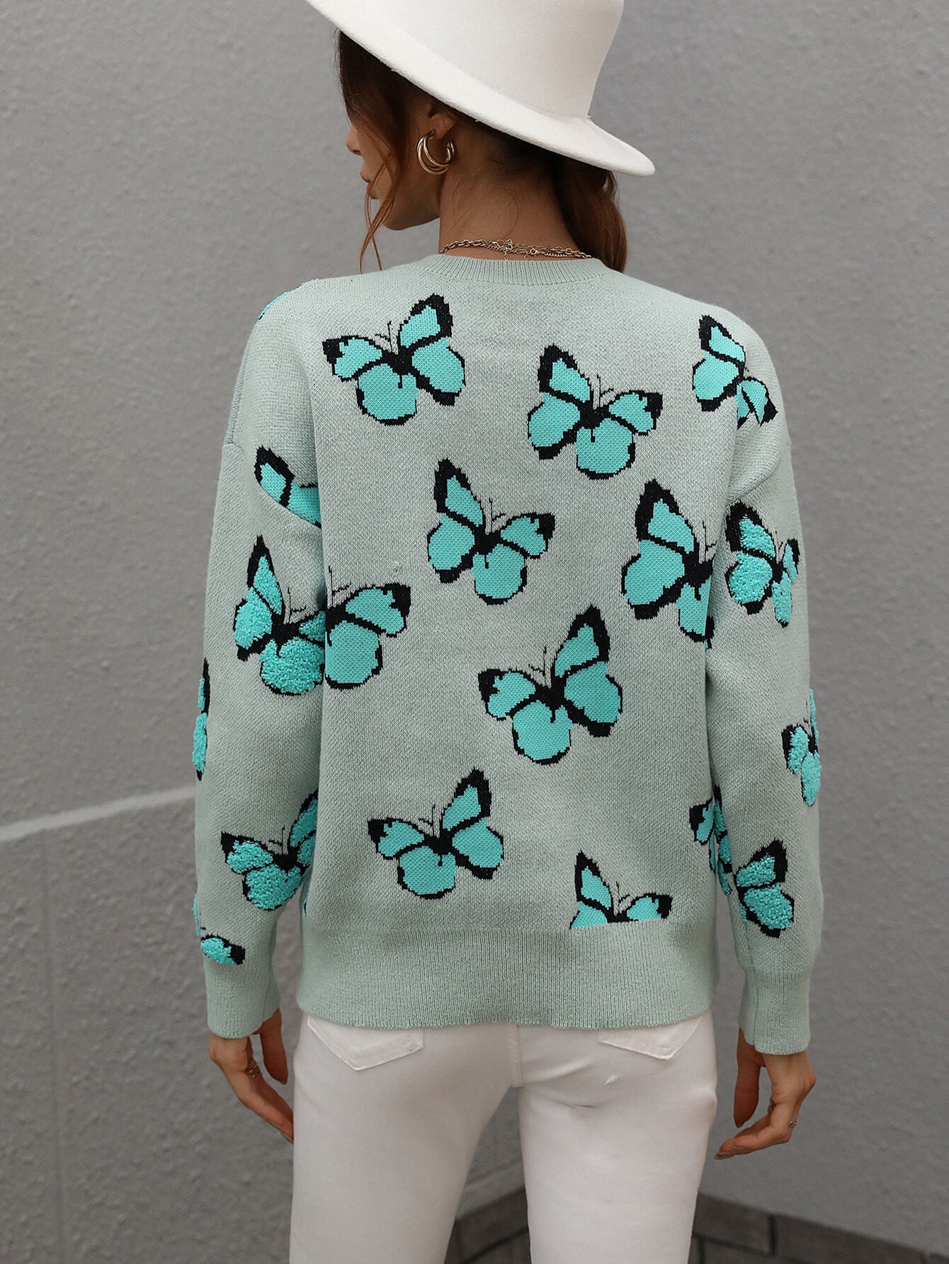 Butterfly Dropped Shoulder Crewneck Sweater -  Nueva Moda Boutique By Giselly 