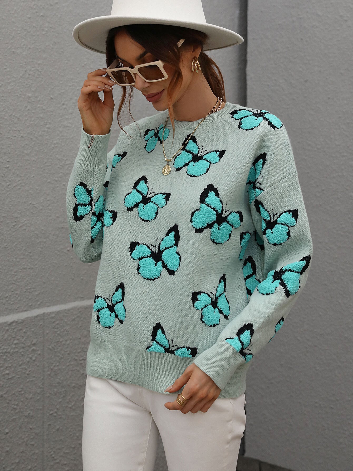 Butterfly Dropped Shoulder Crewneck Sweater -  Nueva Moda Boutique By Giselly 