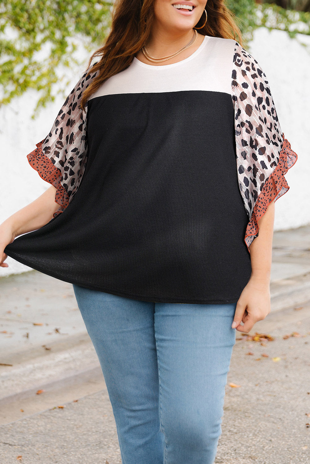 Plus Size Printed Color Block Ruffled Blouse -  Nueva Moda Boutique By Giselly 