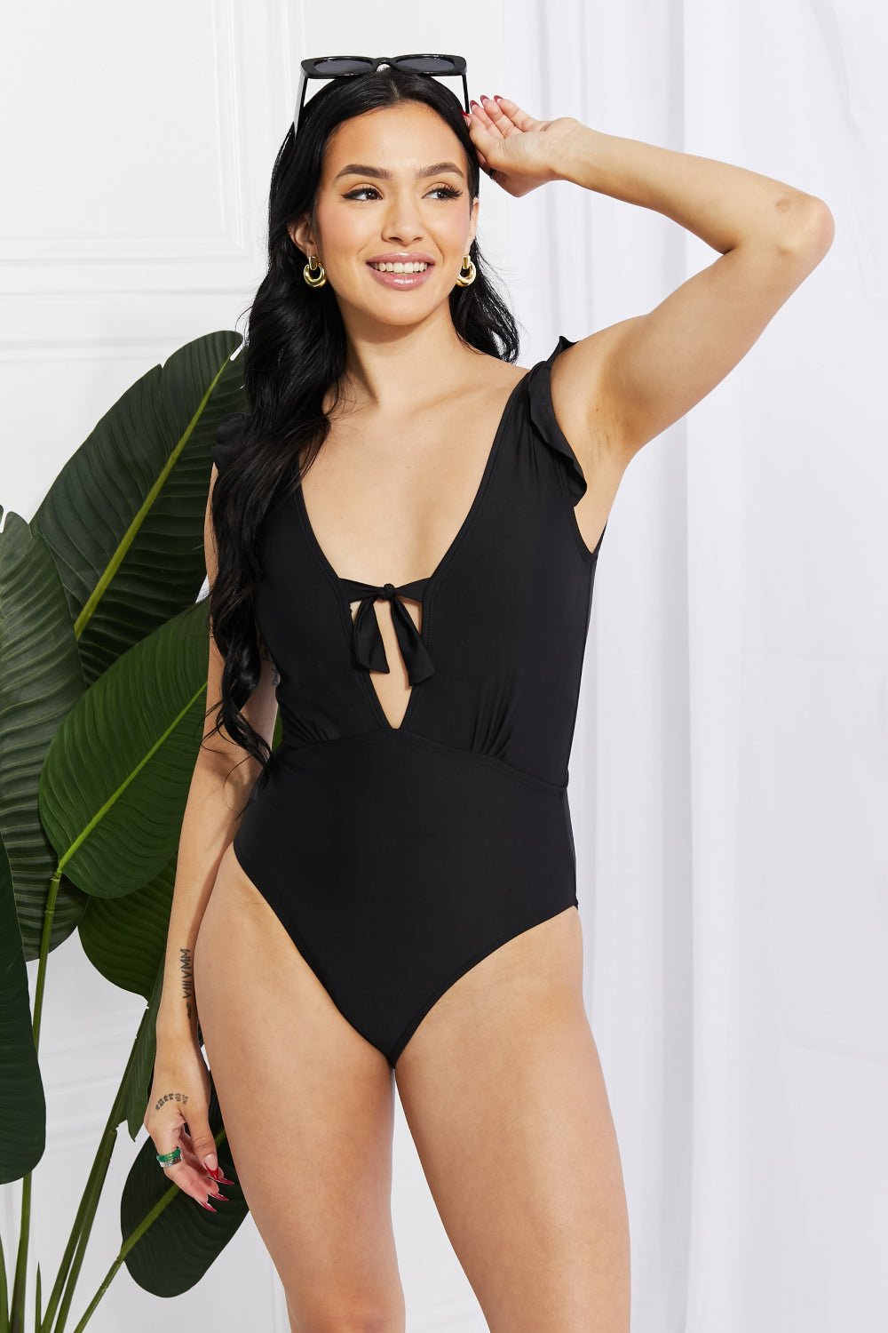 Marina West Swim Seashell Ruffle Sleeve One-Piece in Black -  Nueva Moda Boutique By Giselly 