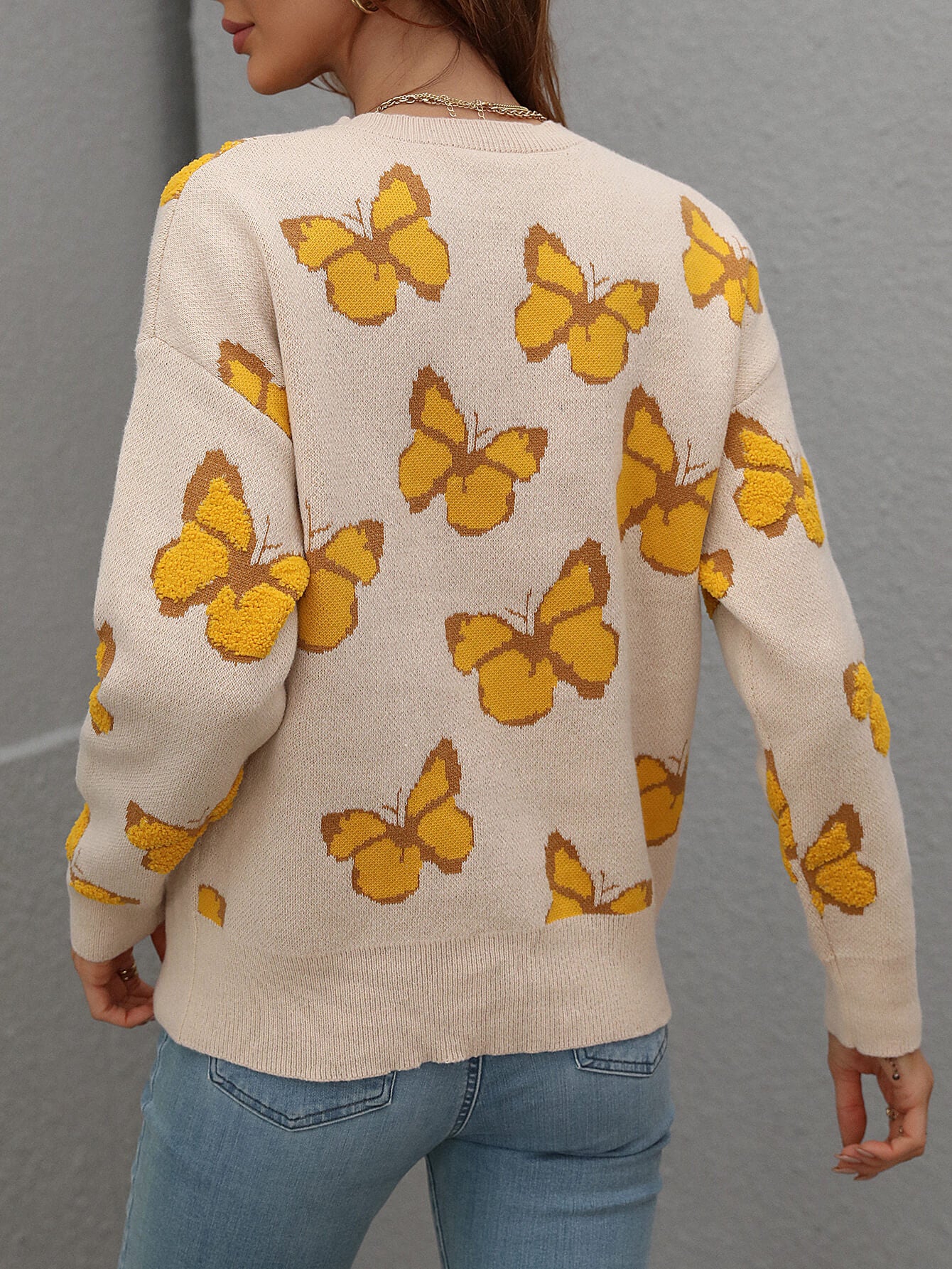 Butterfly Dropped Shoulder Crewneck Sweater -  Nueva Moda Boutique By Giselly 