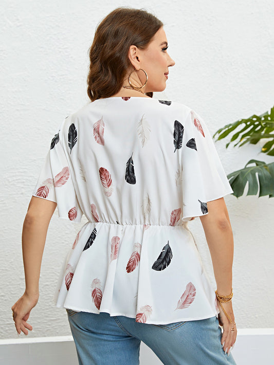 Feather Print Tied Flutter Sleeve Blouse -  Nueva Moda Boutique By Giselly 