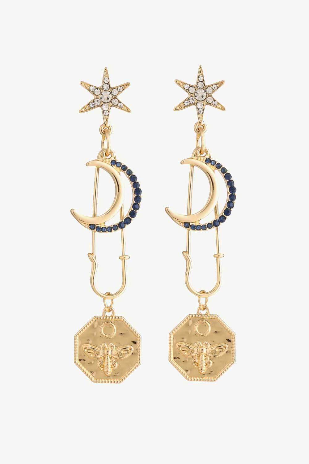 Inlaid Rhinestone Moon and Star Drop Earrings -  Nueva Moda Boutique By Giselly 