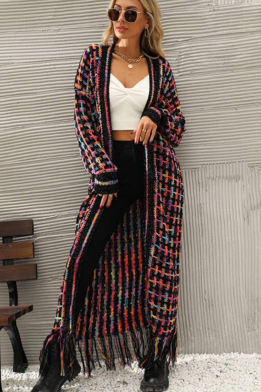 Multicolored Open Front Fringe Hem Cardigan -  Nueva Moda Boutique By Giselly 