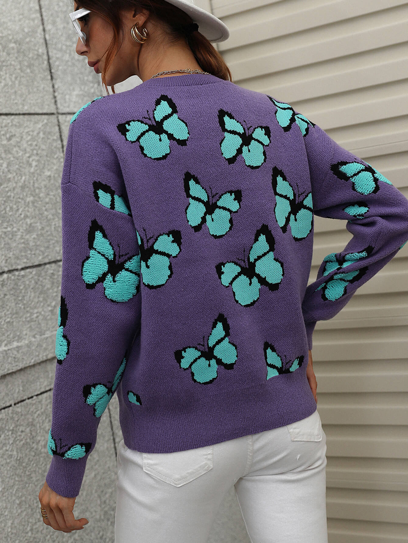 Butterfly Dropped Shoulder Crewneck Sweater -  Nueva Moda Boutique By Giselly 